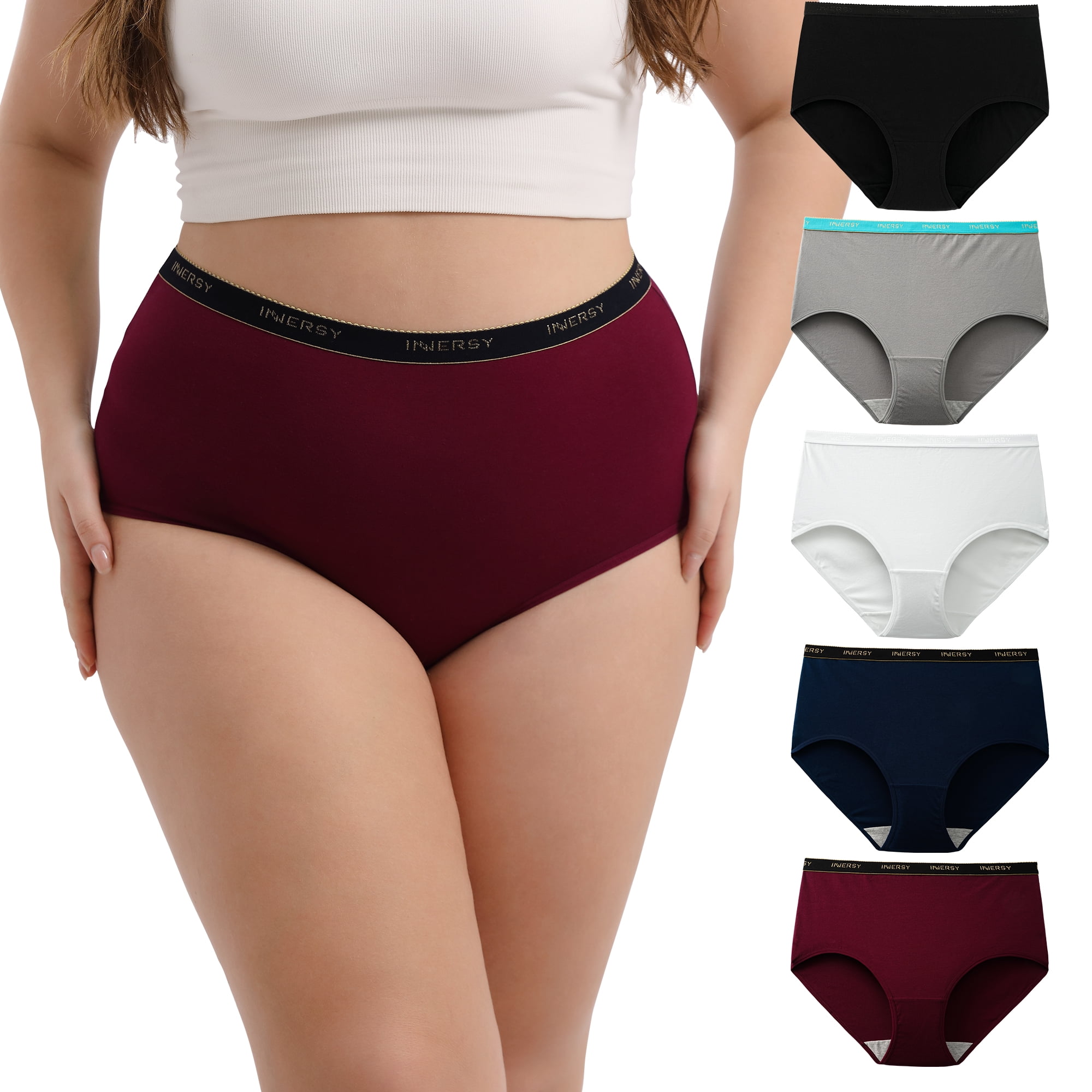 INNERSY Women's Plus Size XL-5XL Cotton Underwear High Waisted Stretchy Briefs 5-Pack(3XL,Crimson Twilight)