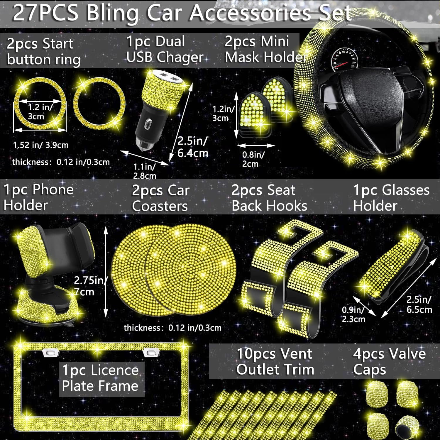 27-Piece Yellow Bling Car Accessories Set - Universal Fit Steering Wheel Covers, License Plate Frame, Phone Holder, Car Coasters