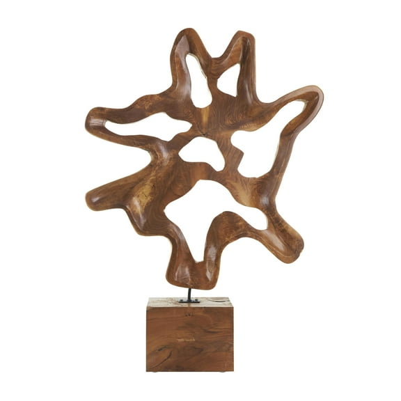 22" x 31" Brown Teak Wood Cutout Abstract Sculpture with Block Base, by DecMode