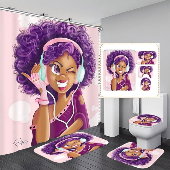 African American Black Girl Shower Curtain Set with Rugs Fashion Black Girl wtih Purple Hair Colorful Printing Decorative Bathroom Curtain with Hooks