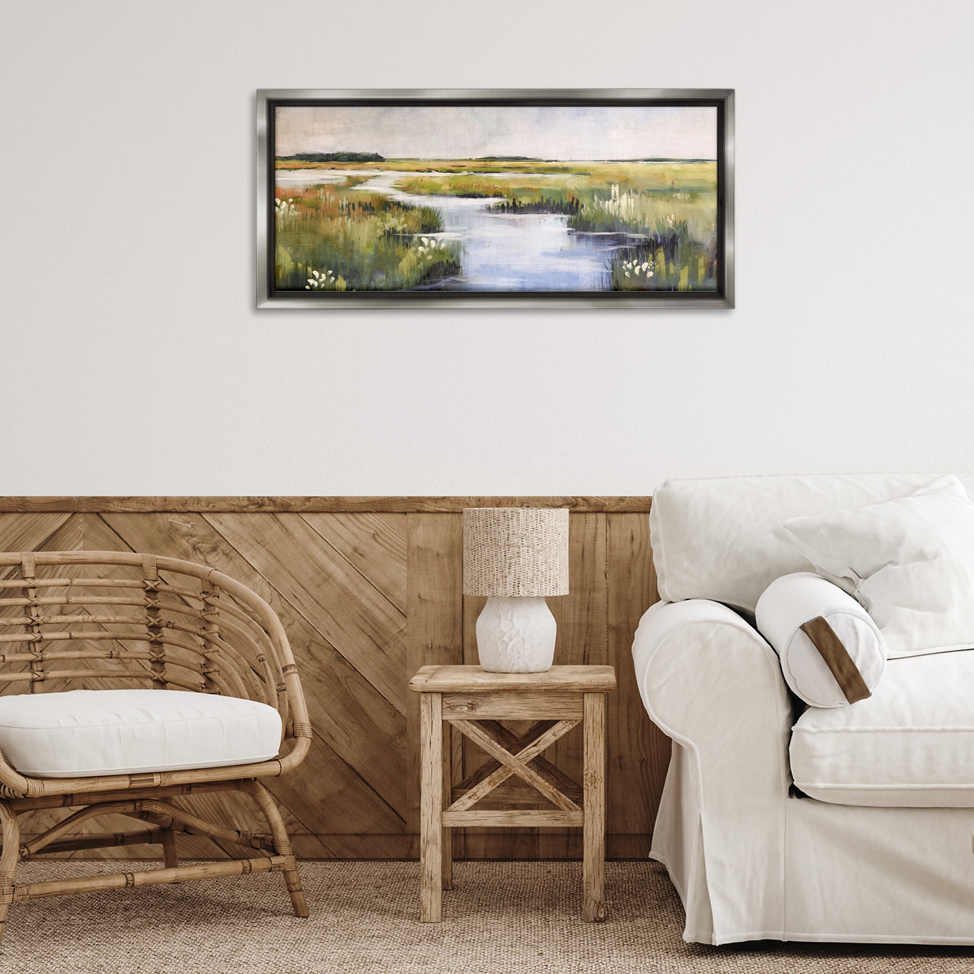 Stupell Industries River Through Marshlands Landscape & Nature Painting Gray Floater Framed Canvas Art Print Wall Art, 31 x 14