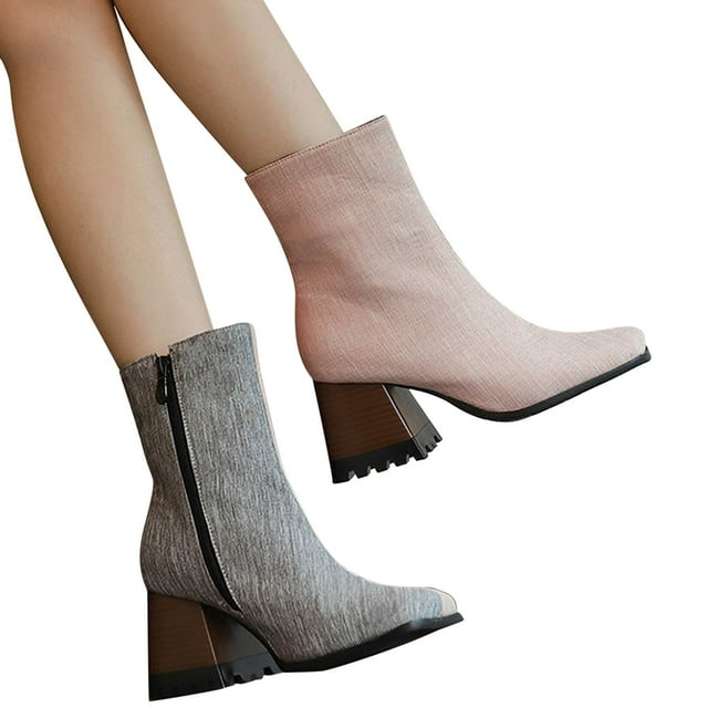 Cameland Large Women's Punk High Heel Rectangle Toe Thick Heel Zipper Contrast Mart Short Boots