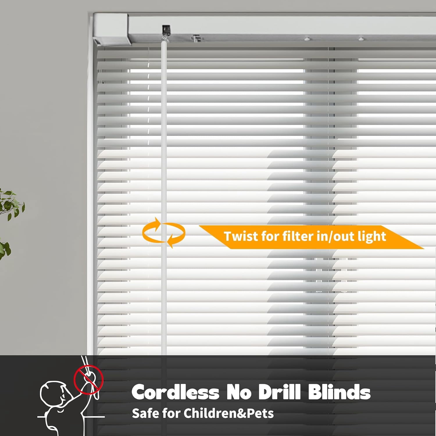 No Tools Drill Cordless Mini Blinds, 1" L-Shaped Slats Light Filtering Shades, Horizontal Vinyl Blinds for Indoor Windows, White,36.5" Wx 64" H