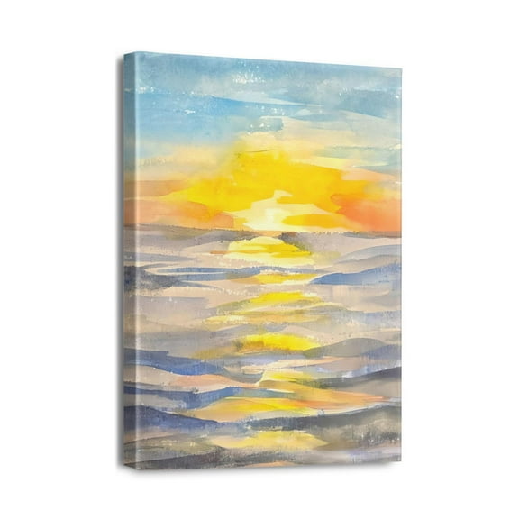 Vibrant Seashore Art - 12x16inch Modern Abstract Canvas Print with Blue Ocean and Coastal Sunset & Sunrise for Bathroom