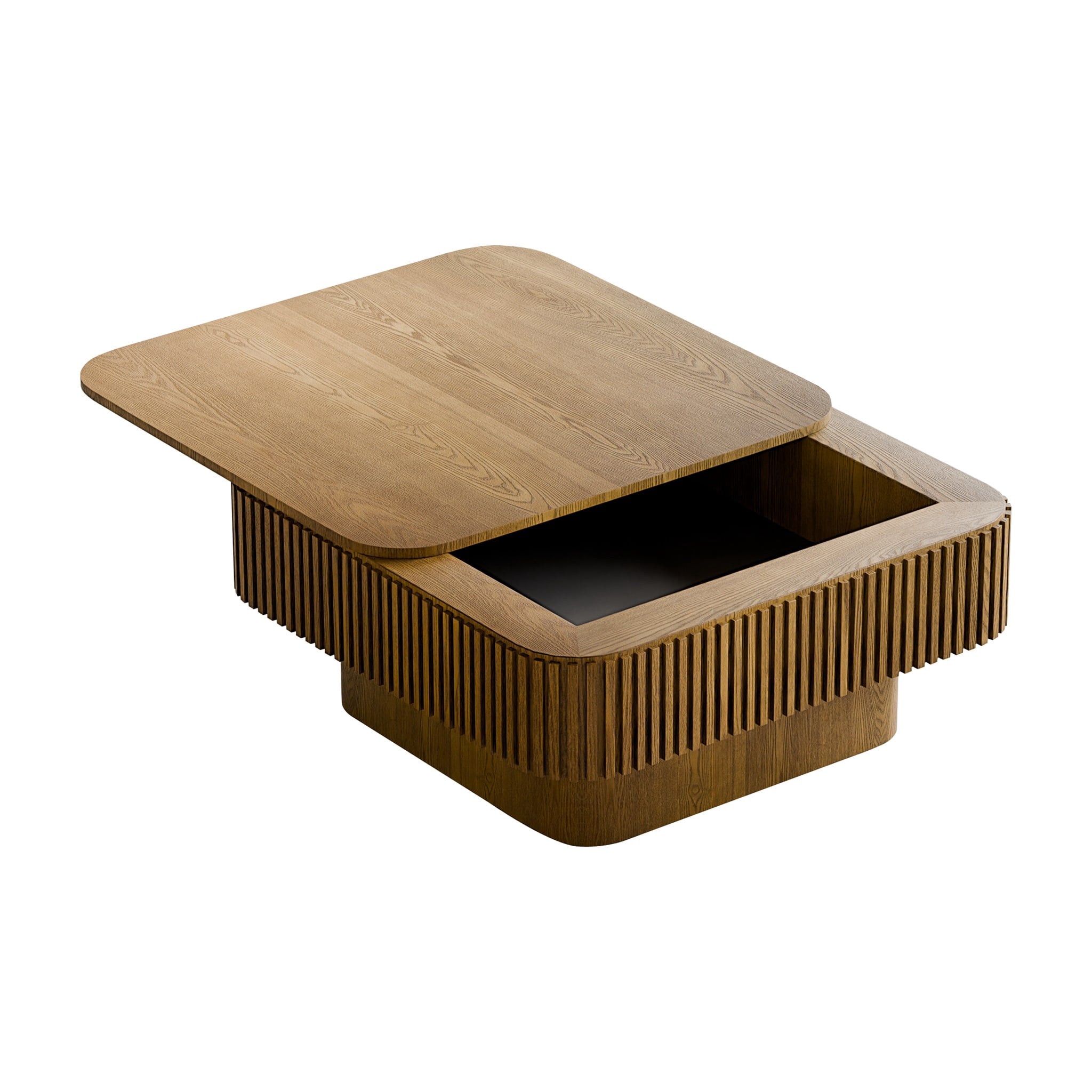 Homy Casa 31.5 in Warm Oak Square Coffee Table with Sliding Hidden Storage and Fluted Sides