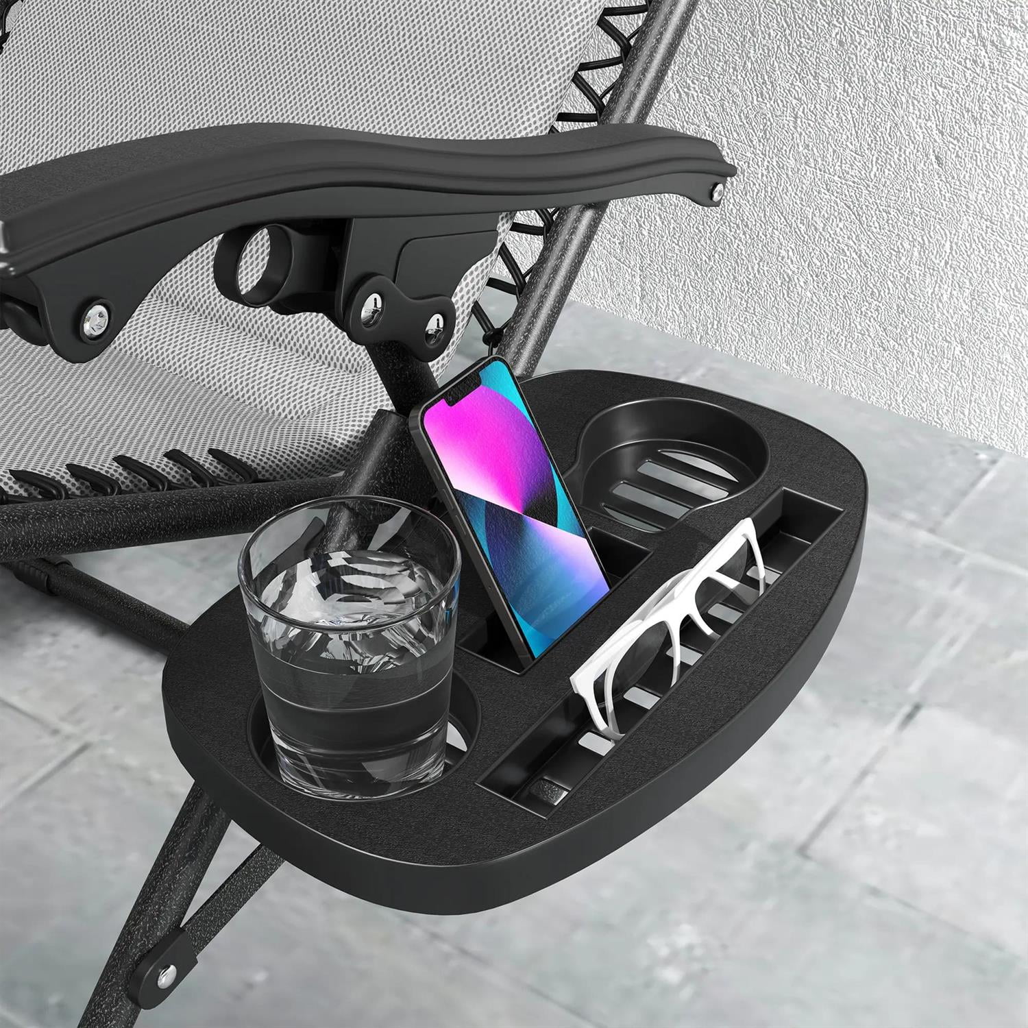 Demi Bonn Zero Gravity Lounge Chair Set, 2 Pieces Reclining Folding Outdoor Lounge Chairs with Headrest Side Tray for Porch, Balcony, Poolside, Gray