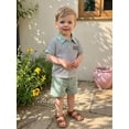thumbnail image 5 of BemeyourBBs Toddler Baby Boys Mama's Little Dude Outfit Summer Clothes Short Sleeve Lapel Letter Embroidery Striped Button Shirt Tops and Pockets Shorts Set, 5 of 9