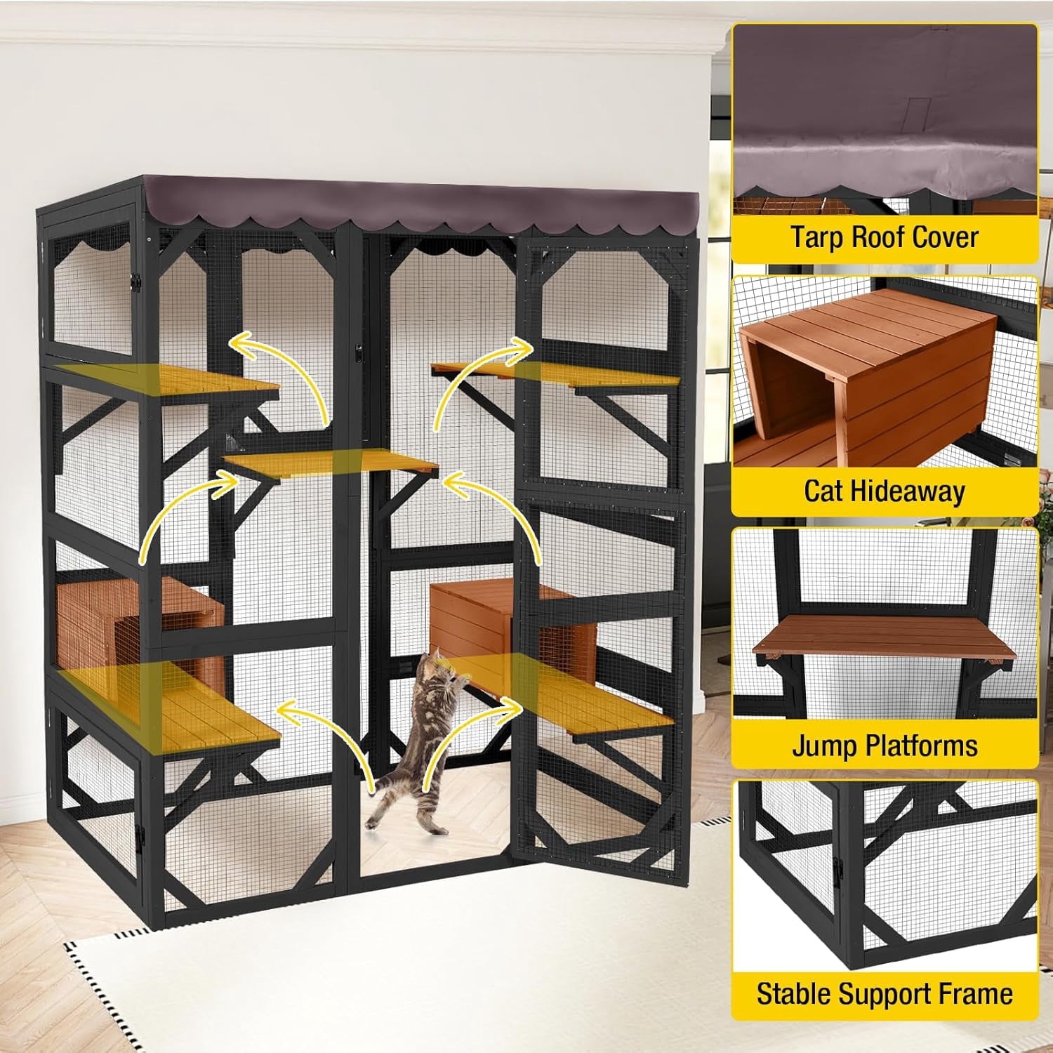 Aivituvin Catio Outdoor Cat Enclosure Large Wooden Cat Cage Condo Playpen for Multiple Cats Waterproof Cover for Indoor Outdoor (Black)