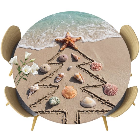 Round Fitted Tablecloth with Elastic Edge, Sea Starfish Shell Conch Xmas Tree Fitted Table Cloth for Round Tables 55-60in, Winter Coastal Ocean Theme Waterproof Tablecloth for Outdoor Picnic Party