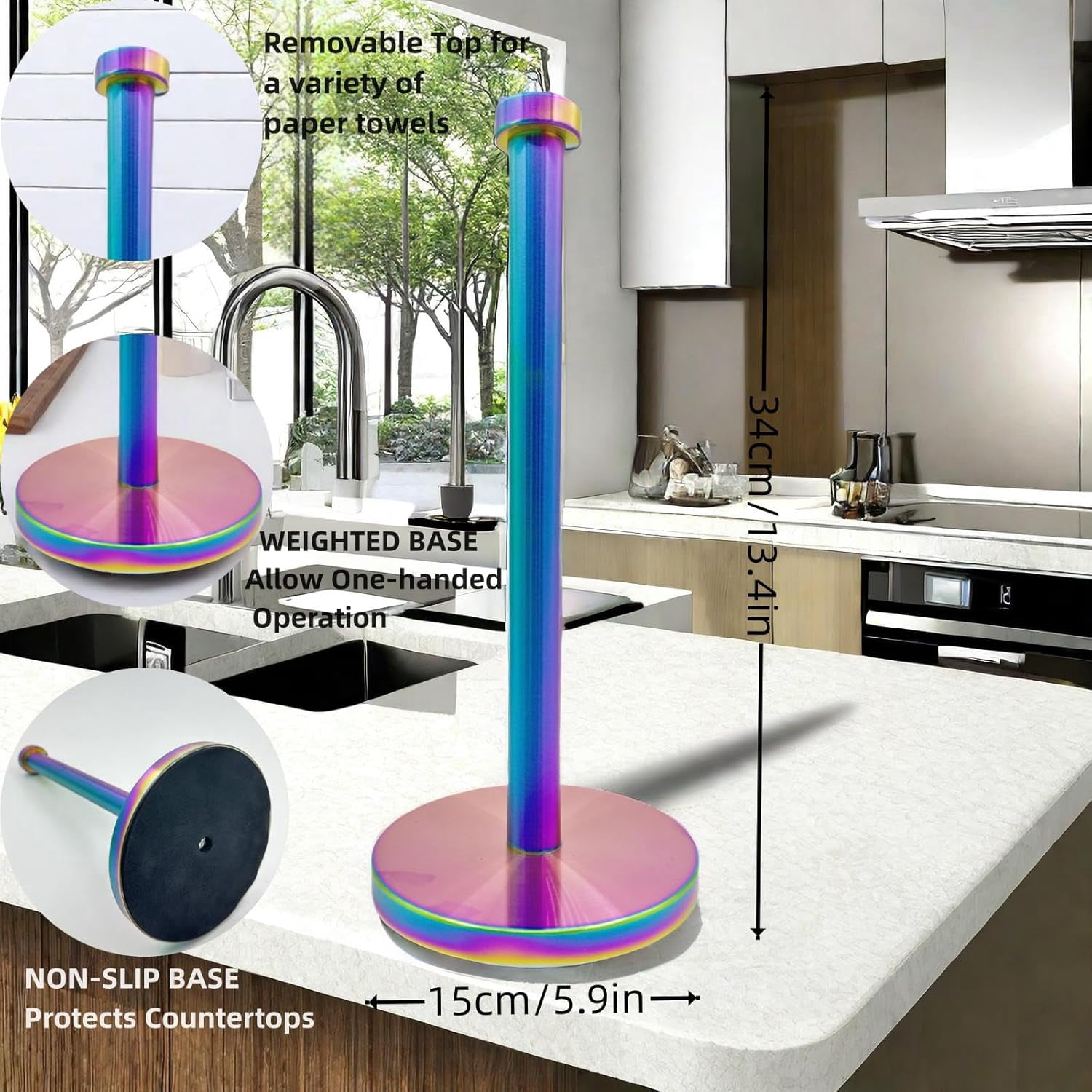 Stainless Steel Paper Towel Holder Countertop, Rainbow Kitchen Roll Holder Stand with Weighted Base Removable Top for a Variety of Paper Towels