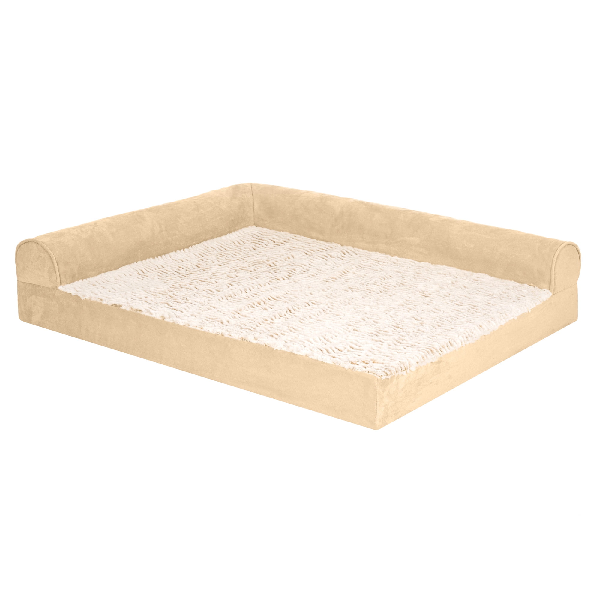 FurHaven Embossed Faux Fur & Suede Orthopedic Deluxe L-Chaise Pet Bed for Dogs & Cats - Taupe, Large