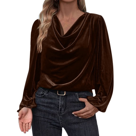 SELONE Long Sleeve Blouses for Women Velvet Tops Pleated Cuffs V Neck Pullover Soild Outfits Fall Winter Brown XL