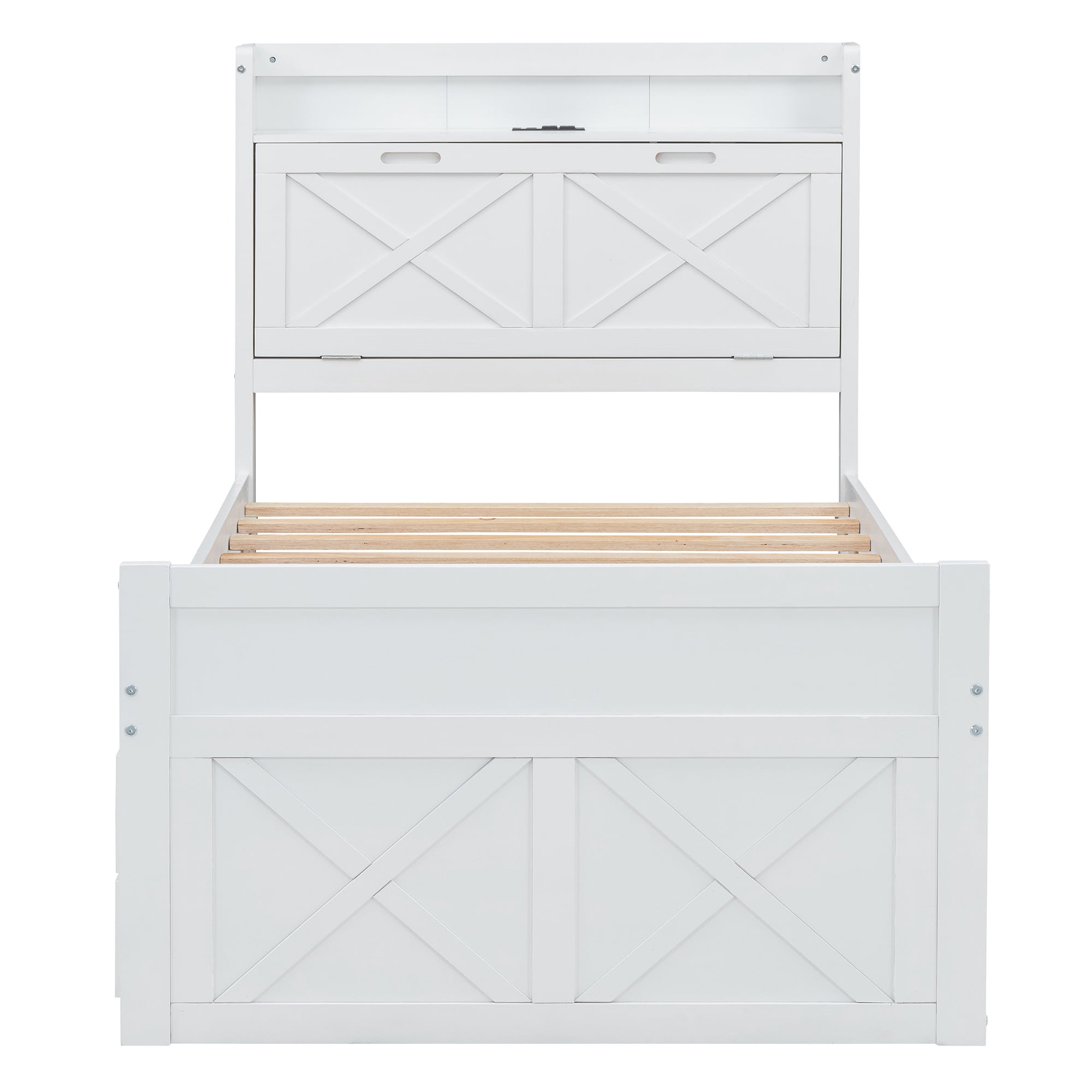 Mintazer Farmhouse Twin Bed with Trundle & 3 Drawers, Extendable Platform Bed with Headboard Storage & Charging Station for Bedroom, White