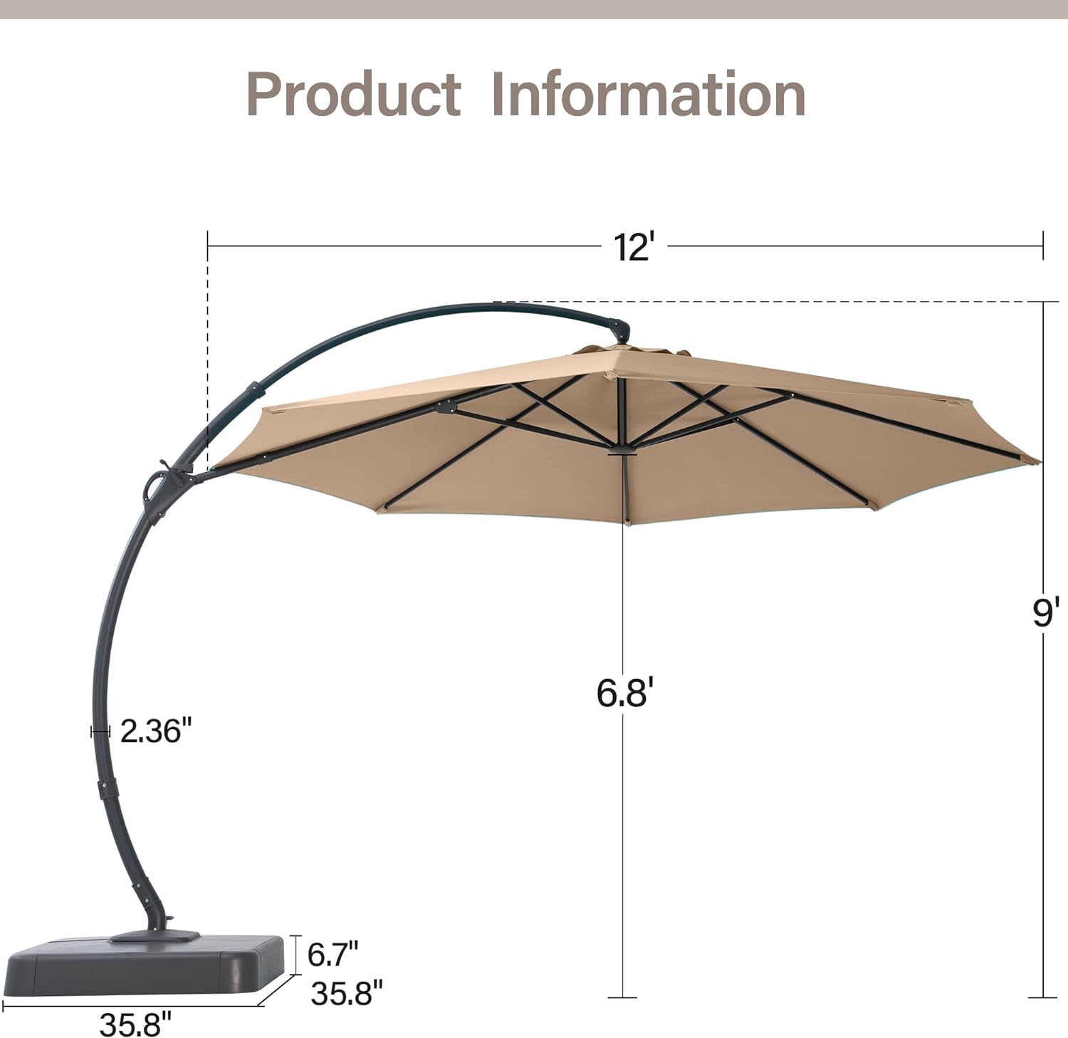 LAUSAINT HOME 12FT Sunbrella Patio Umbrella with Base, Outdoor Deluxe Curvy Cantilever Umbrella for Patio Pool Deck, Champagne