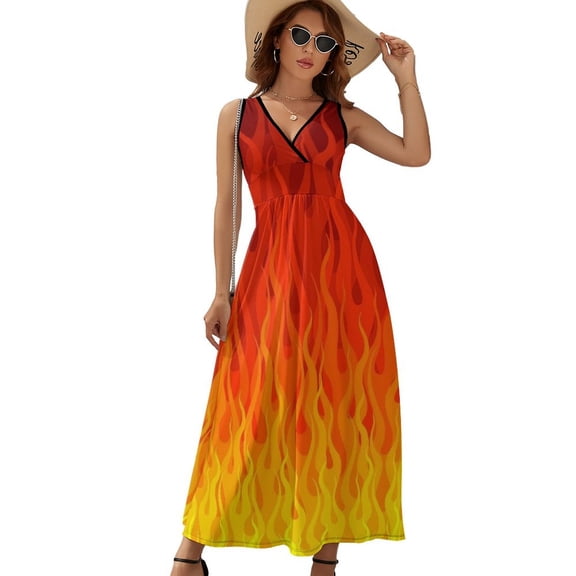 Red Orange Yellow Burning Flames And Fire Sleeveless Dress Dresses Women Summer Evening Dresses Ladies Bohemia Long Dresses