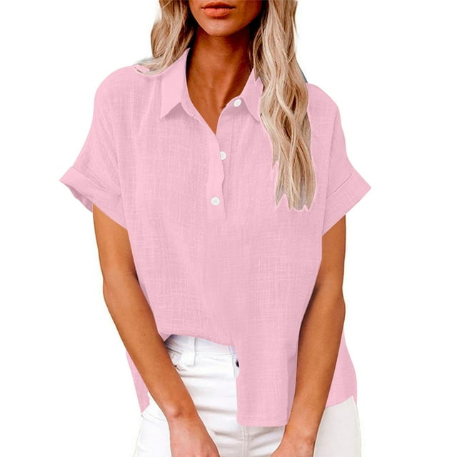 Ovbmpzd Shirts Chemises pour Femmes Coton Lin Grande Taille Rose Manches Courtes Henley T - Unis avec Col Hauts de Printemps pour Femmes G