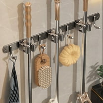 Broom Holder Wall Mount, Stainless Steel Mop and Broom Hanger Wall Mounted Garage Storage Rack Kitchen Garden Tool Organizer with 3 Racks & 4 Hooks (Free Adhesive and Nail)