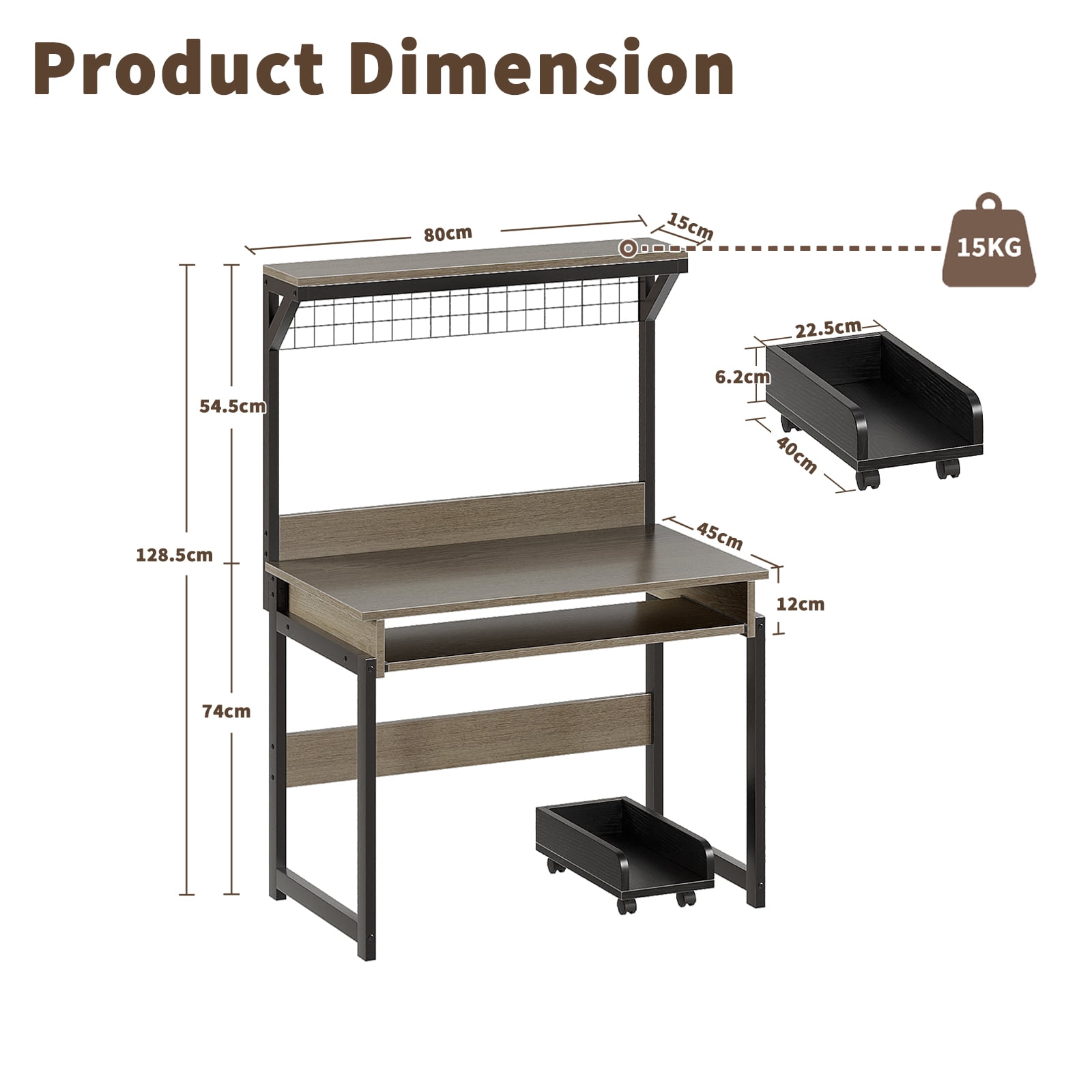 MIN EN WIN Retro Computer Desk with Storage Shelf and Keyboard Tray, Industrial Style Gaming Desk for Home Office, Gray Oak