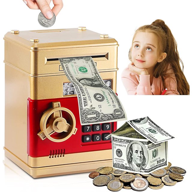 Hucha electrónica para niños dorada, hucha digital con contraseña, hucha eléctrica grande, cajero automático, caja fuerte, hucha automática para niños de 13,5 x 12