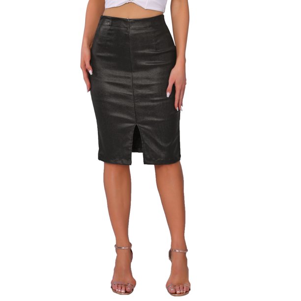 Falda Midi Lápiz Brillante de Cintura Alta con Abertura Frontal para Fiesta INSPIRE CHIC Talla XS Negra