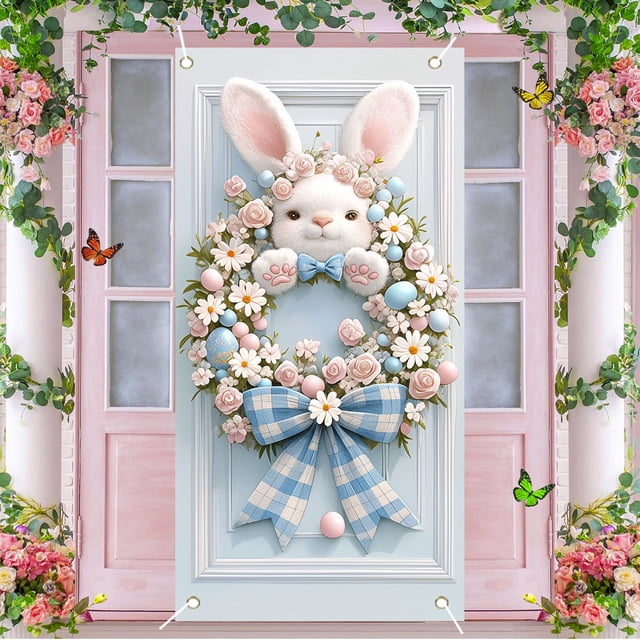 Easter Bunny Door Cover,Rustic Spring Easter Bunny Door Cover Decoration,Rabbit Egg Themed Porch Sign,Large Front Door Wall Backdrop for Indoor Outdoor Spring Party Decorations and Photo Booth Props