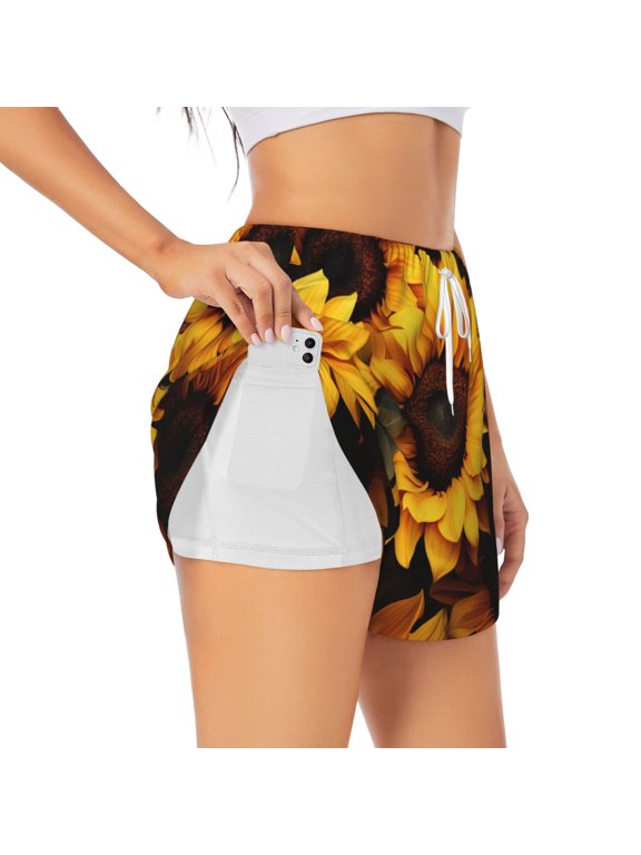 Vsdgher Vibrant Sunflower Blooms Athletic Shorts for Women, Women's Running Double Layer Shorts, High Waisted Yoga Shorts, Workout Athletic Shorts-Small