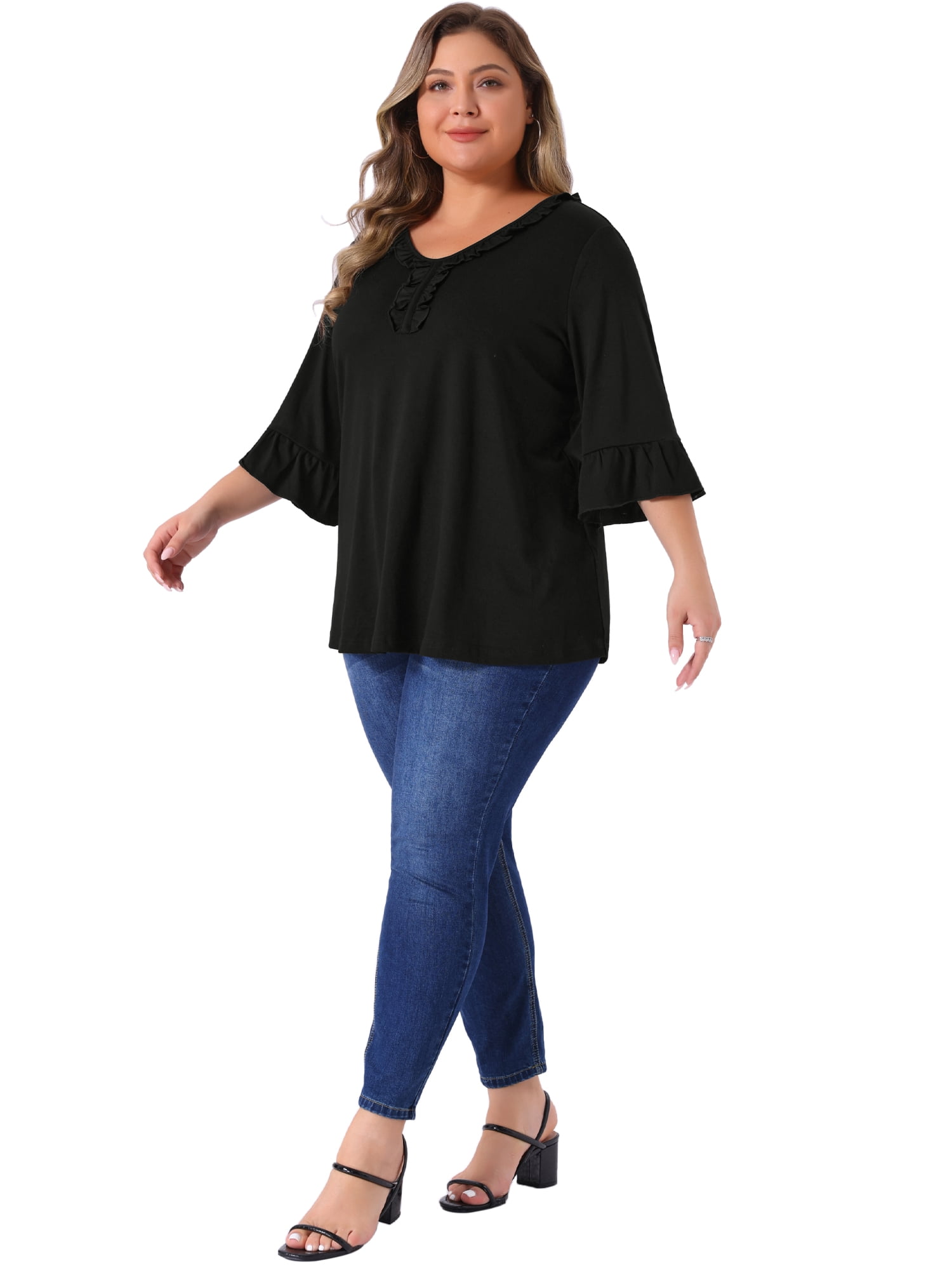 DARING DIVA Women's Plus Ruffle V Neck Tunic Dressy Top 1X Black