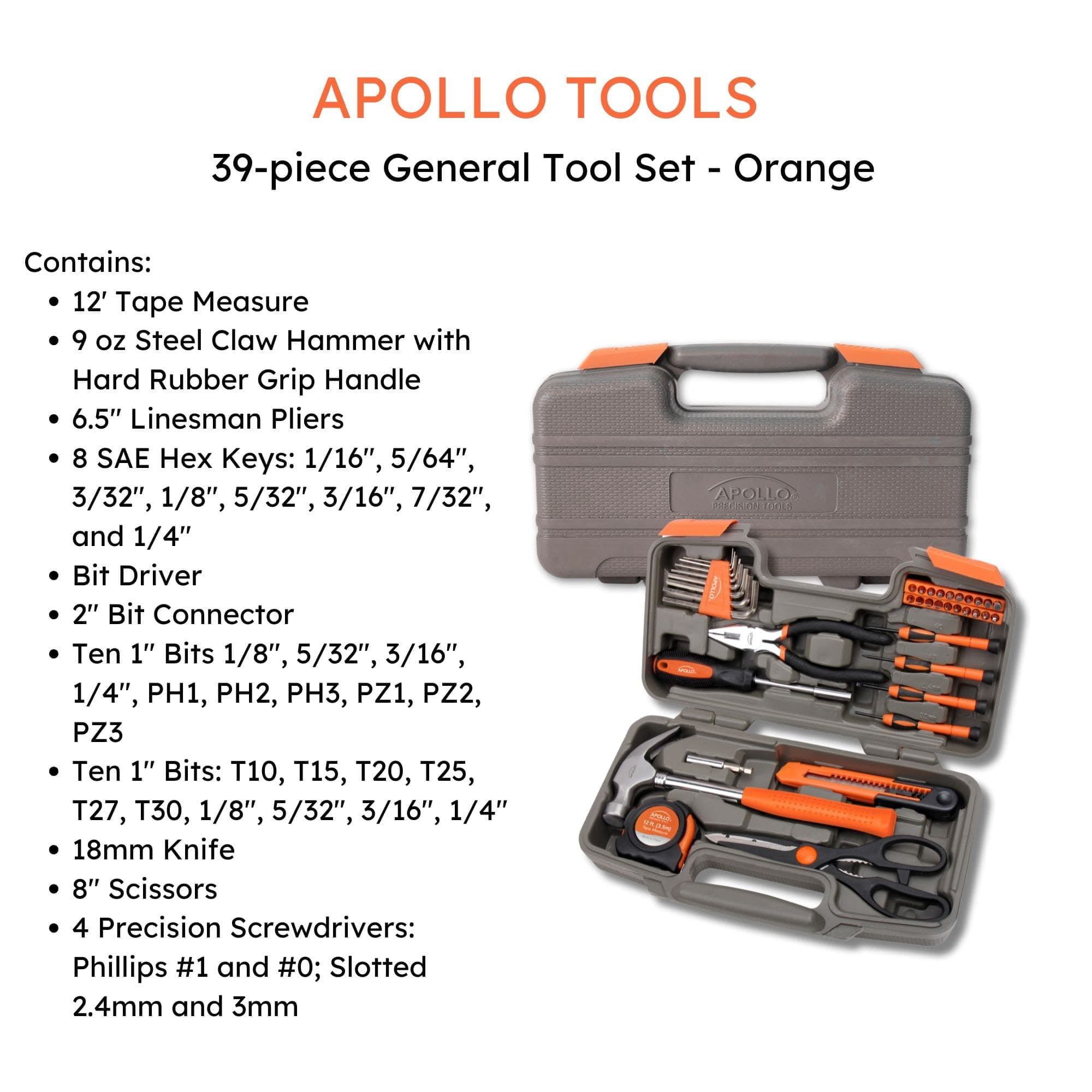 Apollo Tools 39 Piece General Tool Kit - DT9706 ORANGE