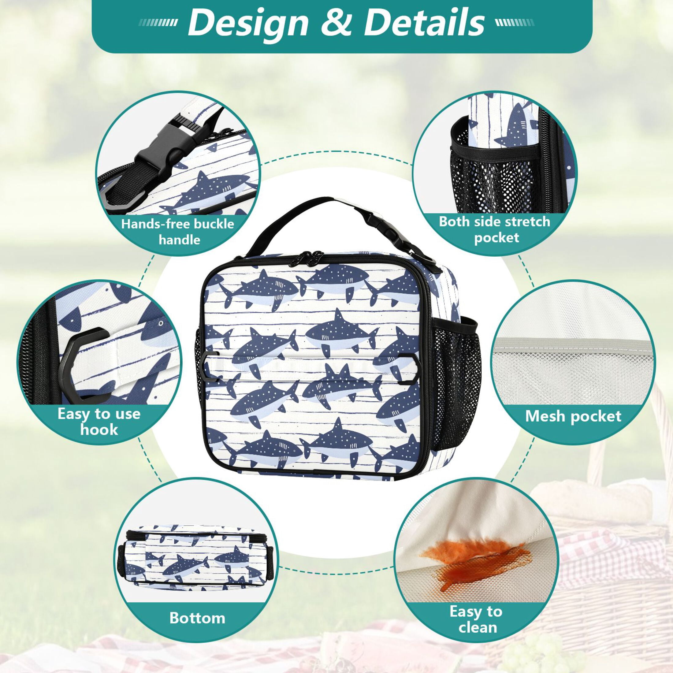 ALAZA Cartoon Shark on Strips Lunch Box Insulated Lunch Bag Cooler Tote with Shoulder Strap
