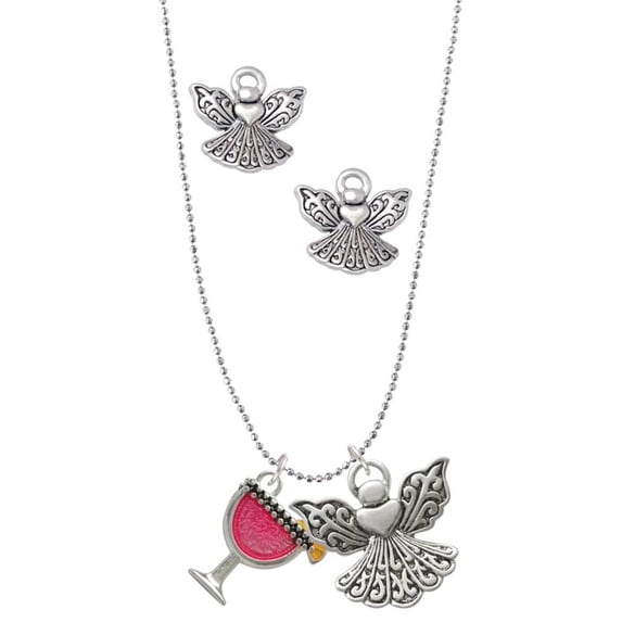 Delight Jewelry Silvertone Hot Pink Tropical Drink Silver tone Guardian Angel Charm Necklace and Stud Earrings
