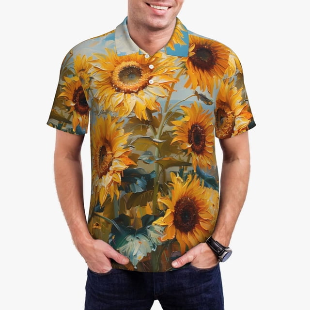 Balery Sunflower Field Art Camisa Polo de Hombre con Estampado, de Manga Corta y Tejido Medio, Camisa Tipo Golf Polo-X-Large
