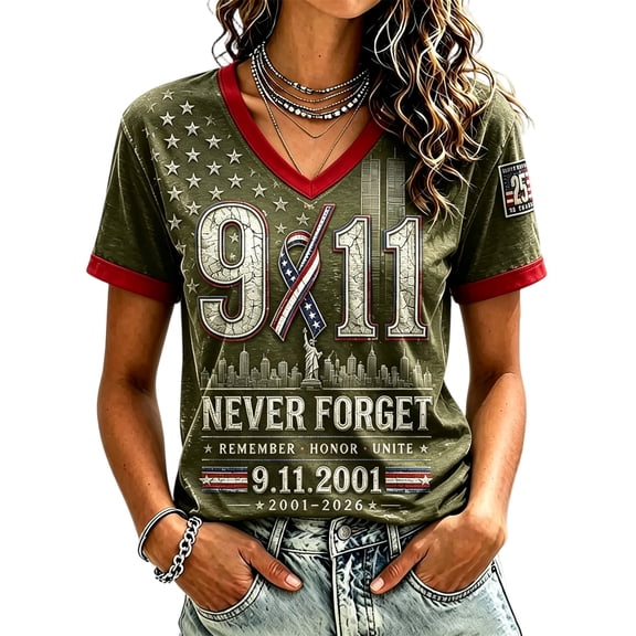 Womens 9/11 Never Forget V Neck T Shirt Patriotic Memorial Graphic Tee Short Sleeve Stretchy Casual Summer Top for Daily Wear and Gifts, Army Green-L