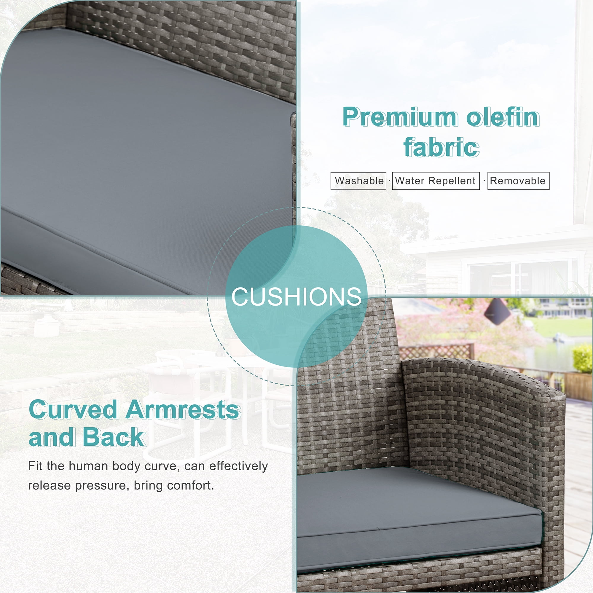 Walsunny Outdoor Patio Rattan Wicker Furniture Conversation Set 4 Piece with Cushions Tempered Glass Tabletop,Gray