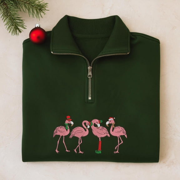 Embroidered Flamingo Christmas Quarter Zip Christmas Flamingo Shirt Christmas Crewneck Women Xmas Flamingo Shirt Winter Shirt Ugly Christmas