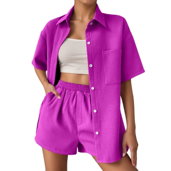 Arlun 2 Piece Sets for Women Casual Button down Short Sleeve Tops Matching Shorts with Pockets Solid Color Waffle Outfits Loose Comfortable Loungewear Sets Red XL