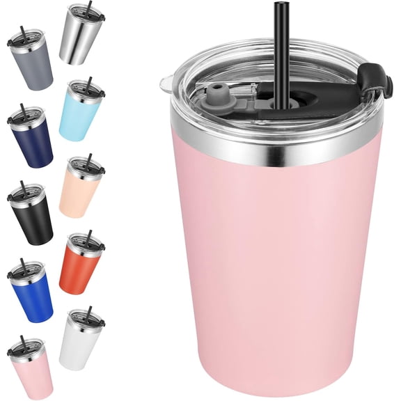 Double wall stainless steel tumbler, 12 oz vacuum insulated cup with lid and straw, thermal mug for coffee tea and water, travel friendly, pink