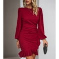 thumbnail image 5 of Women's Long Sleeves Dress Zipper Bodycon Mini Dress Ruffle Hem Round Neck Cocktail, 5 of 8