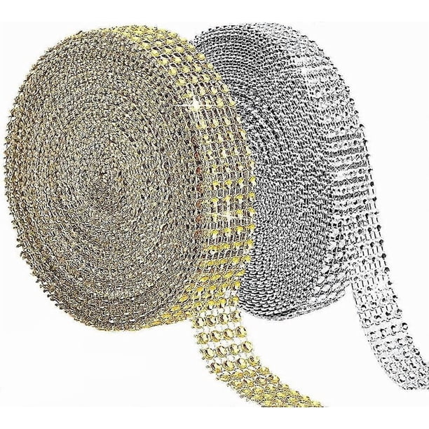 Acrylic Rhinestone Diamond Ribbon, 2 Rolls Rhinestone Ribbon 4 Row 10 Yard/Roll Diamond Sparkling Mesh Tape Gold and Silver