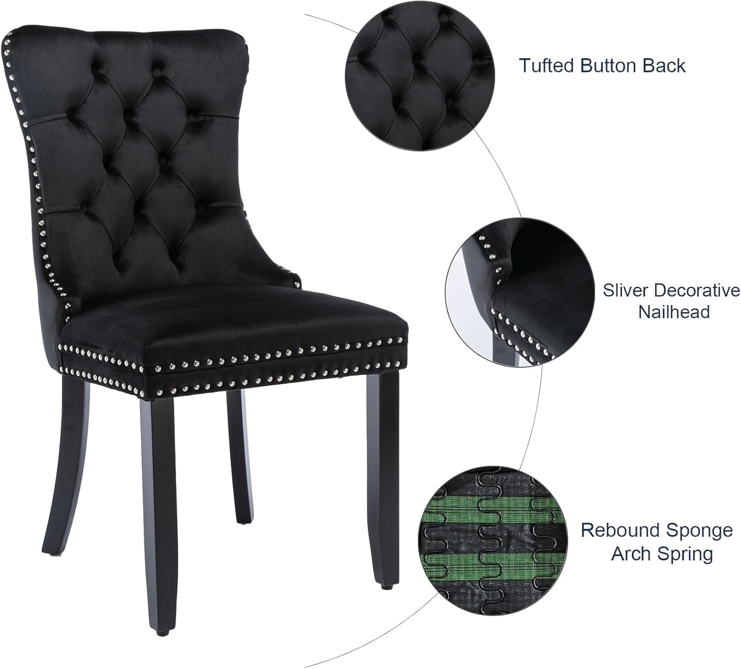 MOONMISS Dining Chairs 2-Pcs Set, High-end Velvet Upholstered Accent Chairs Button Tufted Dining Chairs with Back Ring Pull and Nailhead Trim,Black