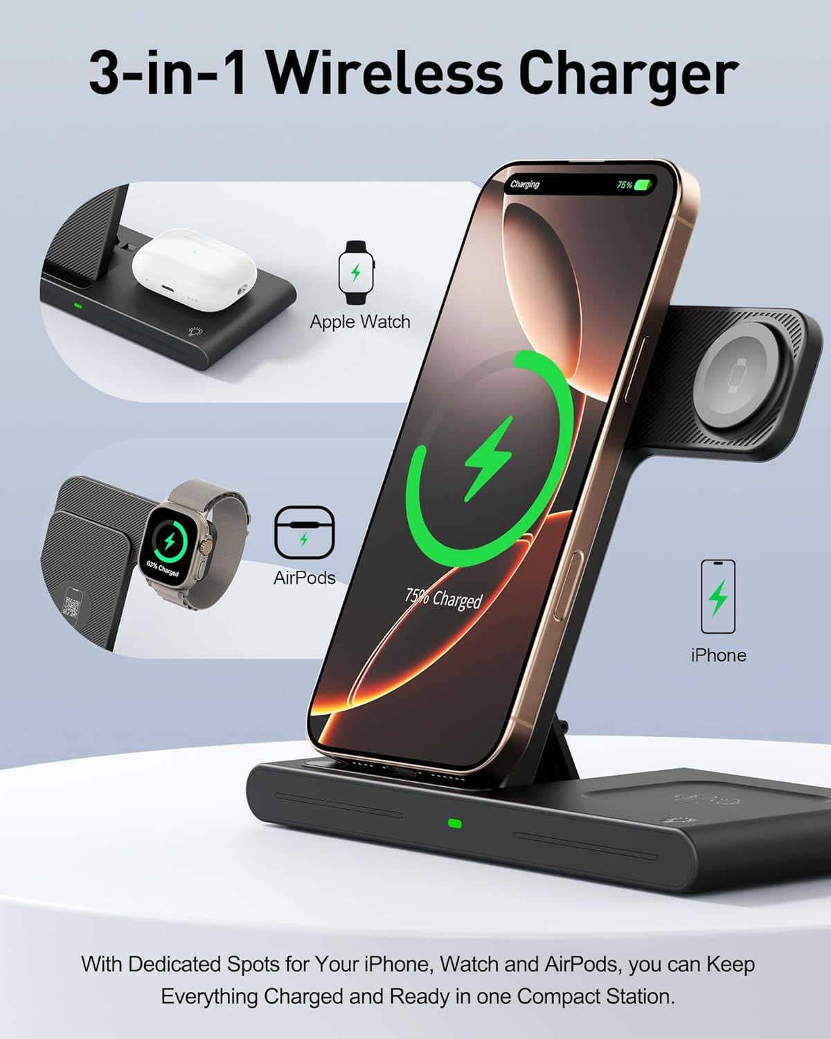 NEI-2026 Wireless Charger for Apple and Android Charging Station,3in1 Fast Max Charging for iPhone 16 15 14 13 12 Pro Max Plus, Apple Watch Series & Air pods 4 3 2 Pro, Android Samsung Galaxy Series