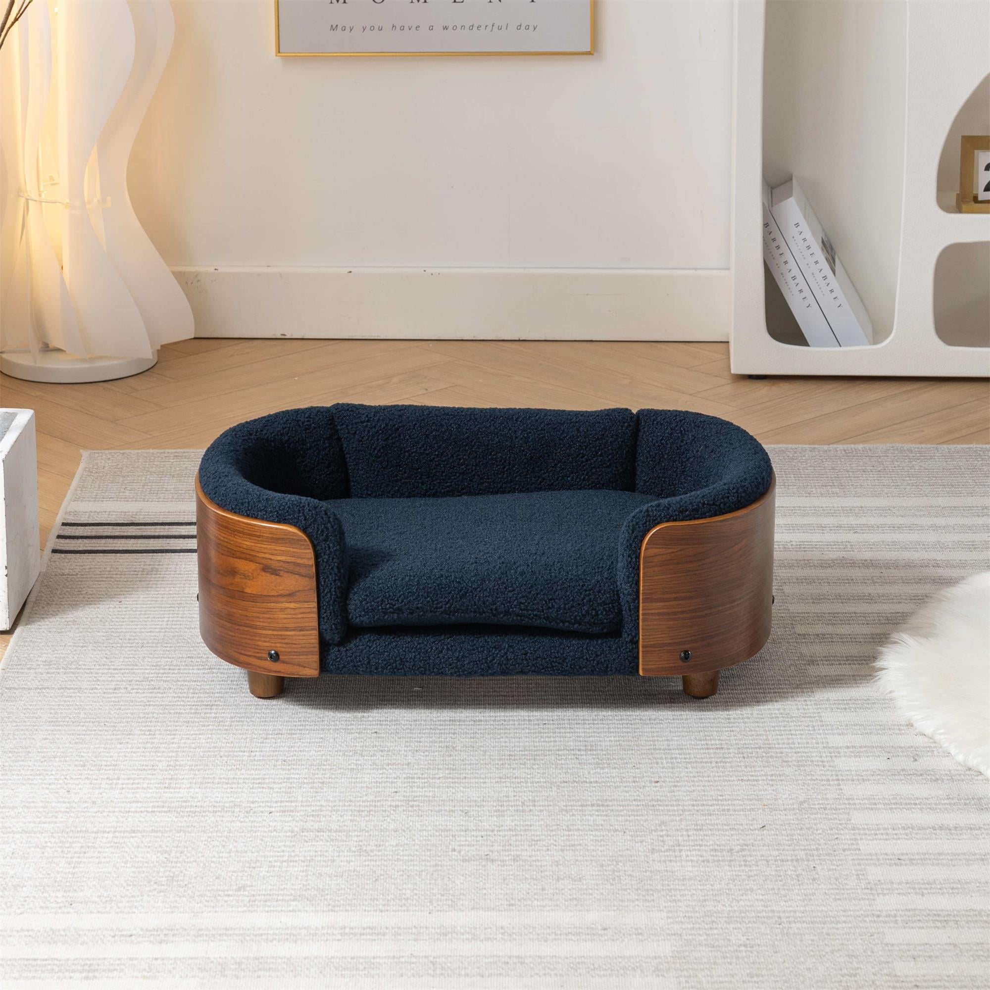 Pefilos 26" Pet Sofa for Indoors Dogs, Cat and Dog Bed with Solid Wood Legs and Walnut Bent Wood Back, Cashmere Cushion, Blue Pefilos 26" Pet Sofa for Indoors Dogs, Cat and Dog Bed with Solid Wood Legs and Walnut Bent Wood Back, Cashmere Cushion, Blue