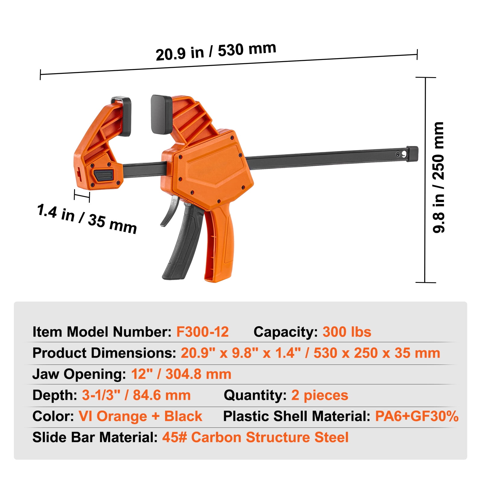 BENTISM Bar Clamps for Woodworking, 2 PCS 12" One-Handed Clamp/Spreader, Quick-Change F Clamp with 300 lbs Load Limit, High-strength Plastic and Carbon Steel, Wood clamps