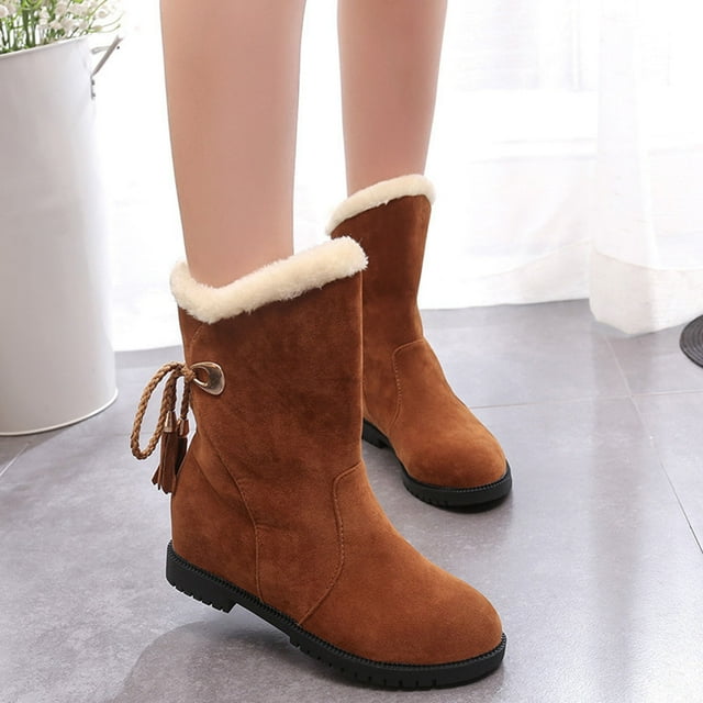 Cameland Bottes Mi-Mollet à Talon Moyen pour Femmes Vintage Couleur Unie Bout Rond Lacets Arrière