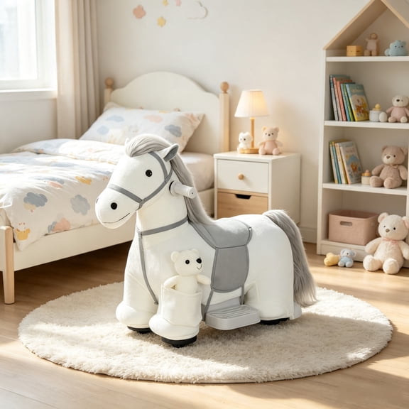 6V Battery Powered Kids Ride On Pony, Electric Ride On Horse, with Bear Toy, Music, for 1.5-5 Years Old