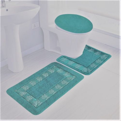 3PC 5 TEAL BANDED BATHROOM SET BATH MAT COUNTOUR RUG LID COVER PLAIN