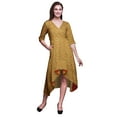 thumbnail image 1 of Bimba Coton Orange Feuilles Feuilles Imprimé Dames Asymétrique Poche Robe Droite Manche Courte Col en V Mi-Longue-Moyen, 1 of 1