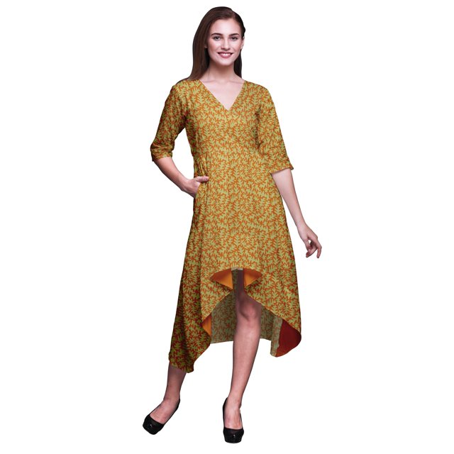Bimba Coton Orange Feuilles Feuilles Imprimé Dames Asymétrique Poche Robe Droite Manche Courte Col en V Mi-Longue-Moyen