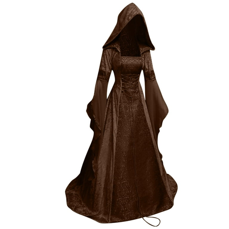 Womens Gothic Hooded Dress Long Sleeve Medieval Renaissance Costume Corset  Dresses Lace Up Vintage Ball Gown Maxi Dress Vintage Retro Wedding Gown  Tunic Witch Cloak Coffee XL 