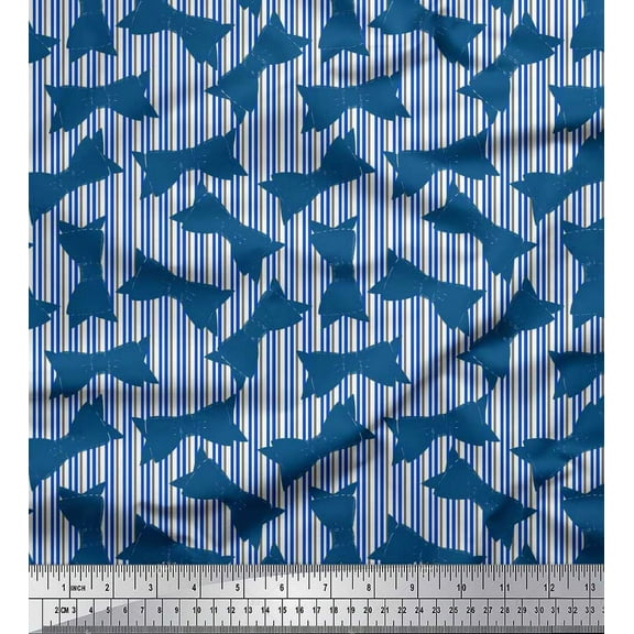 Soimoi Blue Cotton Voile Fabric Bow & Stripe Fabric Prints By Yard 42 Inch Wide