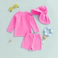 thumbnail image 5 of Rggeeun Baby Boys Swimsuit Set 3Pc Cute Striped Pattern Long Sleeve Crew Neck Front Zipper Top & Elastic Waist Swim Trunks with Cover Up Hat for Summer Water Sports Lovely Swim Wear,Pink,12-18 Months, 5 of 8